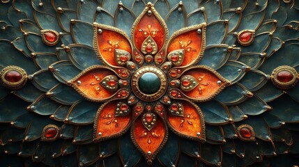 Ornate jeweled flower, dark teal background.