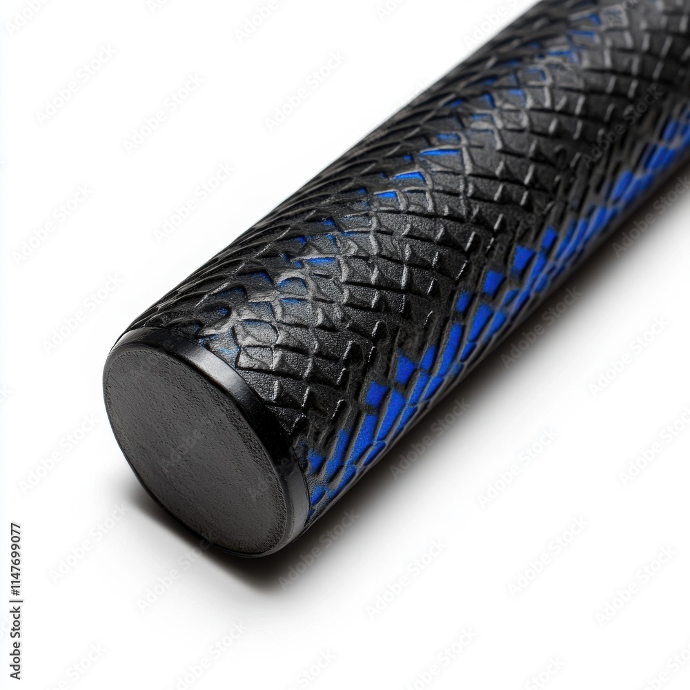 Poster close-up of a textured black and blue handle with a snake skin pattern, featuring a smooth end cap.