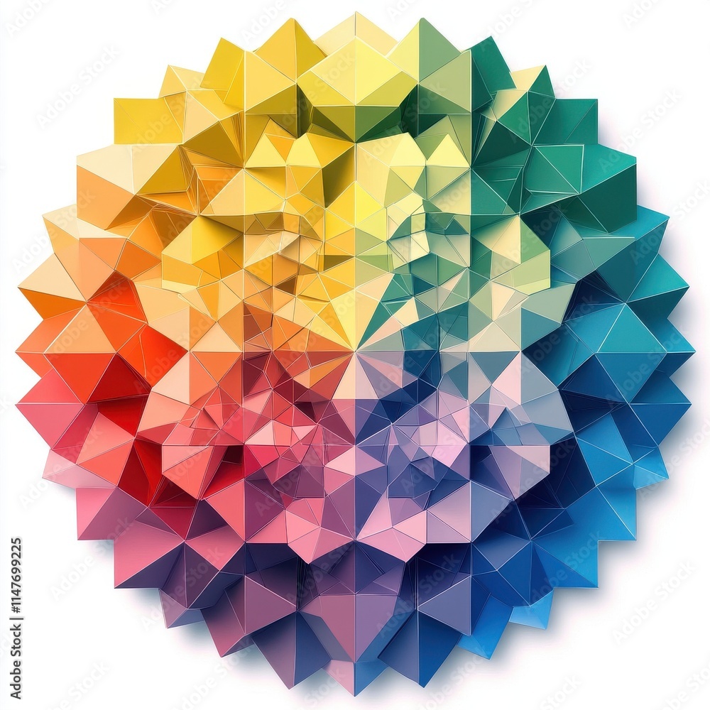 Poster vibrant geometric patterns radiating color in a harmonious interplay of hues, creating a visually st