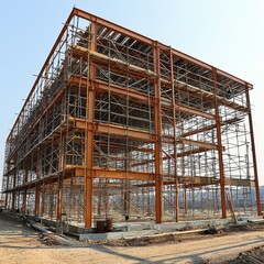 Obraz premium A large steel structure under construction, showcasing intricate scaffolding and a sturdy framework against a clear sky.