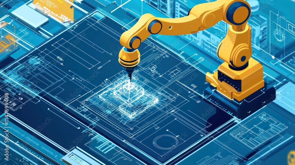 Poster digital collaboration: robotic arm and human hand constructing 3d model with virtual blueprints