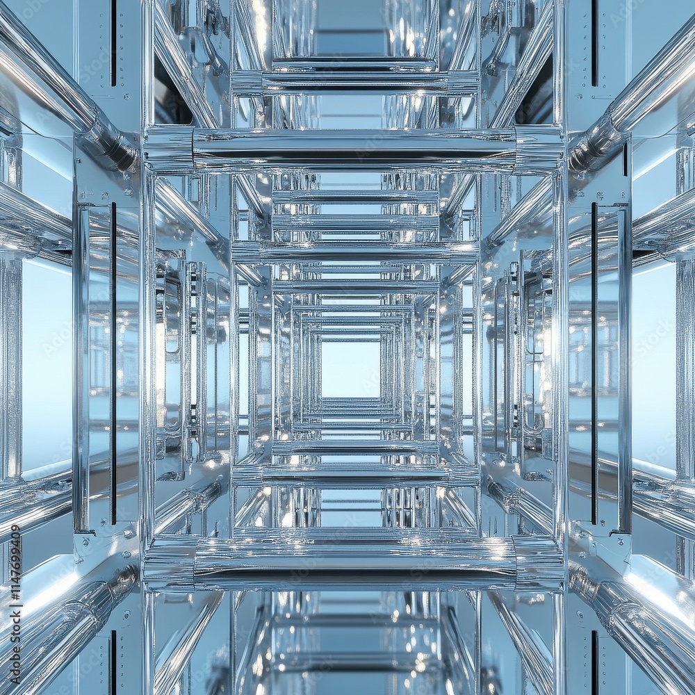 Poster abstract metallic tunnel with reflective surfaces, creating a futuristic and geometric illusion.