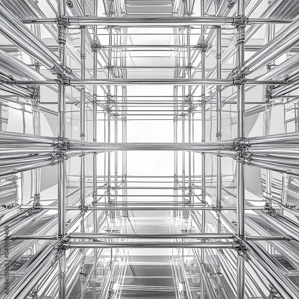 Poster abstract view of a transparent structure, featuring intersecting metal frameworks and a bright light