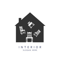 Chairs, stools fall, fly randomly in house. Workplace seat levitates in zero gravity. Falling prices, sale of furniture for home. Creative advertising brand promotion.