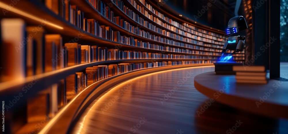 Poster robot in futuristic library with curved bookshelves.
