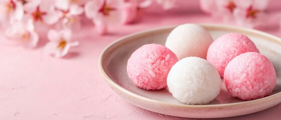 Pastel Pink White Mochi Rice Cakes with Cherry Blossoms