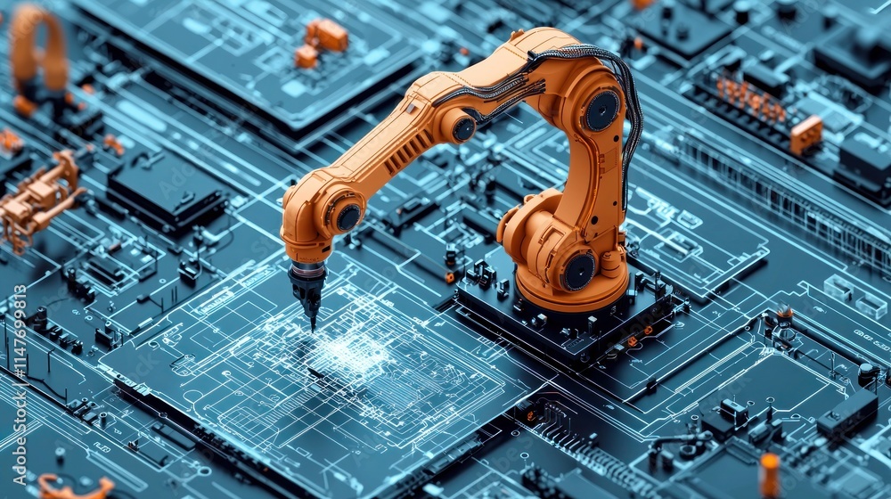 Poster collaboration of robotic arm and human hand building 3d model with virtual blueprints in flat design