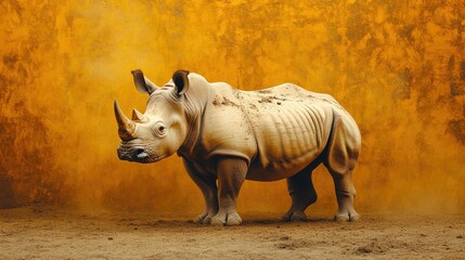 Fototapeta premium White rhinoceros standing against a textured yellow background.