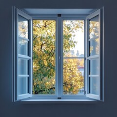 Fototapeta premium A beautiful view of golden autumn leaves through an open window, inviting natural light into the tranquil room.