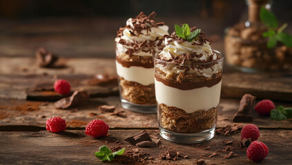 Two elegant glass cups contain a layered dessert featuring chocolate, cream, and crumbled biscuits.