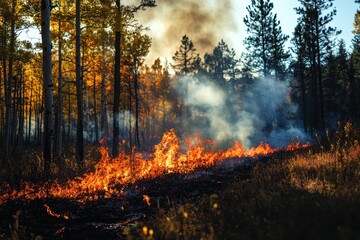Forest fire raging through autumnal woods, smoke billowing. Illustrates wildfire danger, environmental impact.