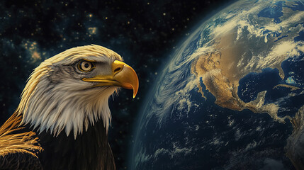 Fototapeta premium Majestic bald eagle soaring against stunning view of Earth in space