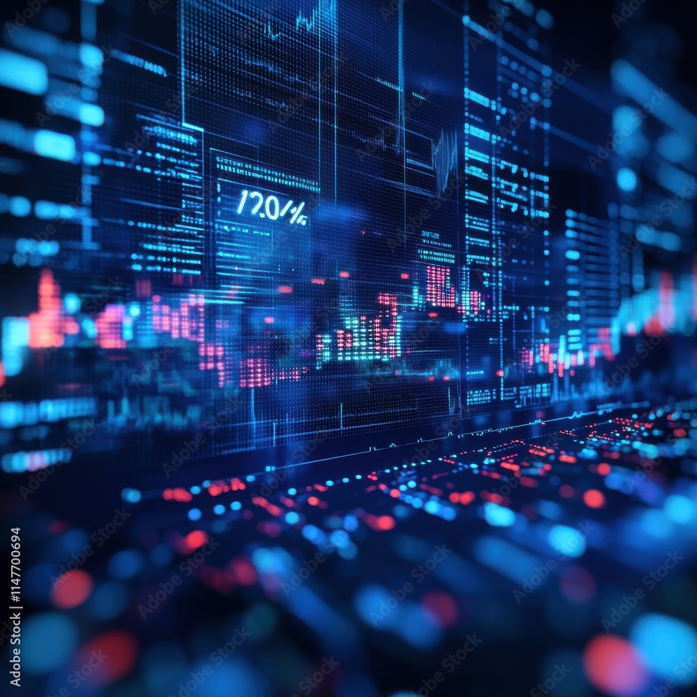 Poster abstract digital finance visual with colorful data streams and charts, conveying technology and grow