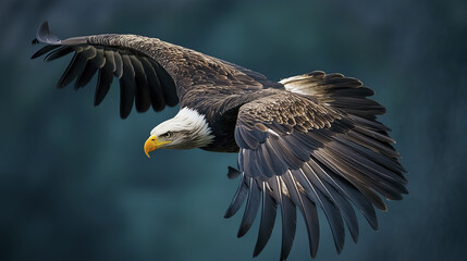 Fototapeta premium Majestic bald eagle soaring with wings spread wide in sky