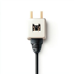A modern electrical plug with a black cord, showcasing a sleek design against a minimalistic white background.