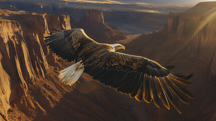 Majestic bald eagle soaring over vast desert canyon landscape