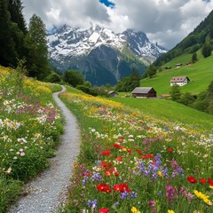 Fototapeta premium Swiss Alps farmhouse road flowerbed