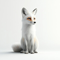 realistic 3D render of white fox with blue eyes, sitting gracefully. soft fur and detailed features create charming and lifelike appearance, perfect for animal lovers