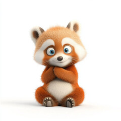 Obraz premium Cute 3D render of fluffy red panda character with big blue eyes, sitting and looking playful. This adorable animal illustration captures joyful expression
