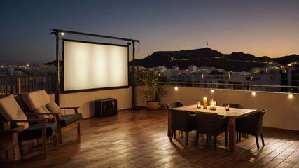 Cozy rooftop movie scene in Gran Canaria with wooden deck, soft string lights, white projector screen, and warm inviting ambiance perfect for a relaxing outdoor evening.