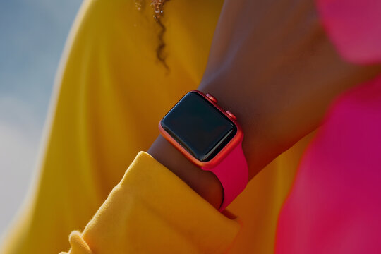 Smartwatch with Red Band Close-up: Modern Wearable Technology Fashion Detail