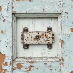 Close-up of an old, rusty latch on a weathered blue wooden door, showcasing textures and peeling paint.