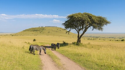 Zebra grazing on a dirt road in a savanna landscape under a blue sky.