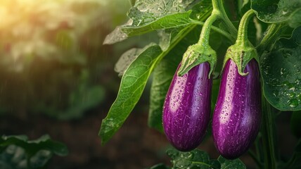 Rain Kissed Eggplants Fresh Purple Vegetables Growing on Plant