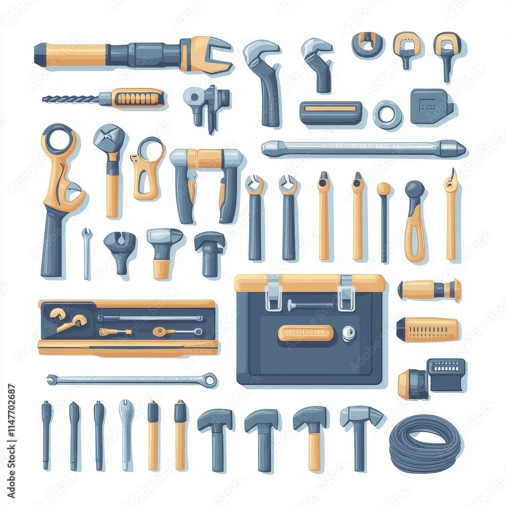 Aufkleber an assortment of tools in various sizes and types, showcasing a comprehensive tool kit with a modern