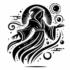Black and White Illustration of a Mystic Wizard with Magical Orbs