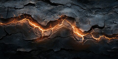 Obraz premium Lightning illuminated the bark of a tree, showcasing the intricate patterns and textures that make bark unique. This image captures the striking beauty of lightning interacting with bark.