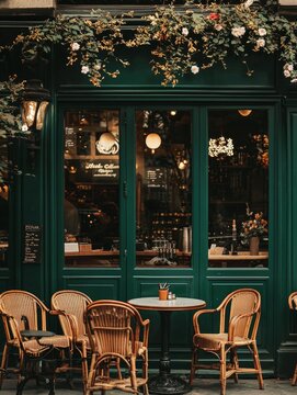 A charming cafe exterior features green walls, floral decor, and cozy wicker seating, inviting patrons to relax.