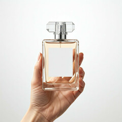 woman holding a clear glass perfume bottle with a blank label  on a white background  - mockup  for product placement  - empty label  -  blank label