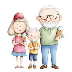 Grandfather, Mother, and Son Enjoying Ice Cream Together in a Fun and Sweet Family Moment