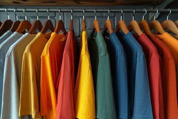 Brightly colored t shirts in a rainbow of hues neatly arranged on wooden hangers. This organized display emphasizes variety and a cheerful, vibrant wardrobe style.