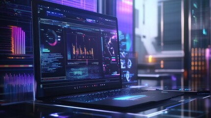 Obraz premium Futuristic Laptop Displays Complex Data Analysis