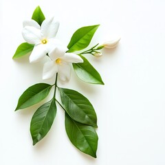 Closeup of jasmine flower and leaves on white with shadow.