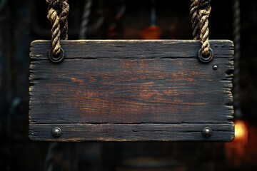 Dark rustic wooden sign hanging by rope. Perfect for adding vintage or medieval text overlays.