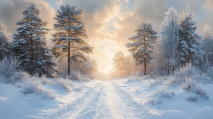 Naklejka premium Snow-covered path through winter forest, sunrise.