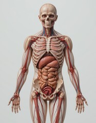 Naklejka na ściany i meble Title Detailed Human Musculature and Skeletal System Anatomy Art Suitable for medical textbooks, educational websites, anatomy presentations, fitnessrelated materials, and healthcare content.