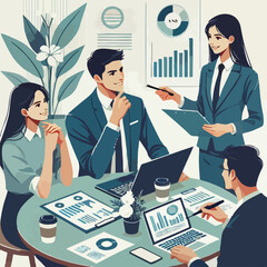 partners meeting for business discussion with documents and laptop on desk.couple at round table ,speaking ,discussing work,partnership.flat vector illustration isolated on a white background
