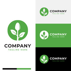 full circle with plant shape and spoon suitable for healthy and vegan meal cooking logo symbol icon flat stock vector design
