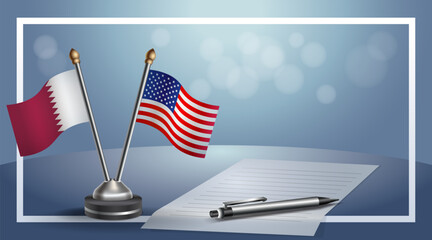 Qatar and United States National flags on small table with bokeh background, cooperative relationship