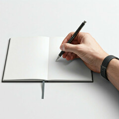 blank open notebook with pen and hand writing on a white background