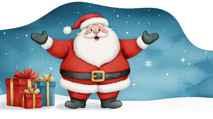 Cheerful Santa Claus with Christmas Presents in Watercolor