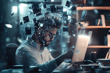 Focused Programmer with Digital Data Sphere. Concept of Innovation, Technology, and Coding.