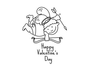 Hand drawn vector angel flying with bow and arrow. Lettering Happy Valentine's Day.