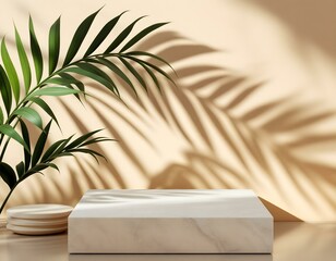Beige stone and a piece of grey podium tile on a beige background, a natural background with a shadow of tropical plant for your product
