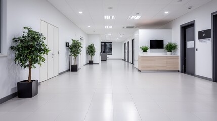 Fototapeta premium Modern, bright office hallway with plants and doors.
