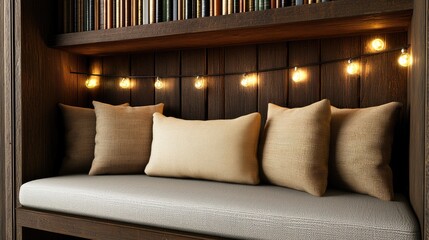 Cozy reading nook with soft pillows and warm lights home interior living space inviting atmosphere detail view comfort